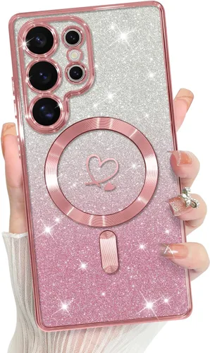 Vista 717 de Bonoma - Funda compatible con Samsung Galaxy S21 Plus, diseño de corazón con purpurina, color rosa Support for MagSafe, Plating Magnetic Case TPU