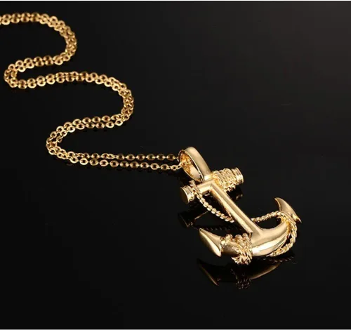 Vista 3 de Collar con colgante de ancla de acero inoxidable chapado en oro vintage para hombre y mujer