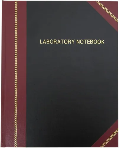Vista 6 de BookFactory (LRU-168-SRS-A-LKT1) cuaderno color negro de laboratorio, grado profesional, 168 páginas, 8" x 10", a rayas, con tapa cocida dura negra