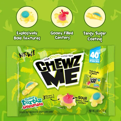Vista 3 de ChewzMe Tangy Turtlz - Gomitas rellenas de gelatina con forma de tortuga envueltas individualmente en varios sabores, 8.46 onzas (paquete de 1)