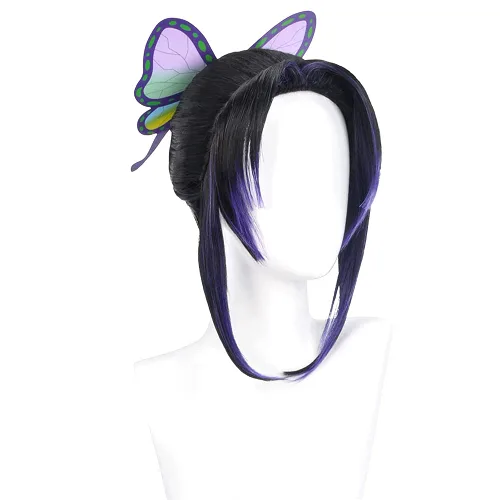 Vista 2 de SKYBEAUTY Kochou Shinobu - Pelucas de cosplay con horquilla de mariposa, pelucas cortas de cola de caballo moradas y negras para mujeres y hombres