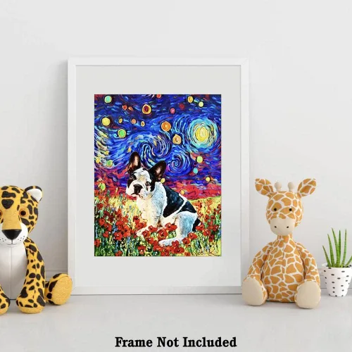 Vista 4 de Bestbuddy Pet 8X10 sin marco noche estrellada bulldog francés blanco negro animales amante familia paz amor pintura al óleo impresión arte impresión