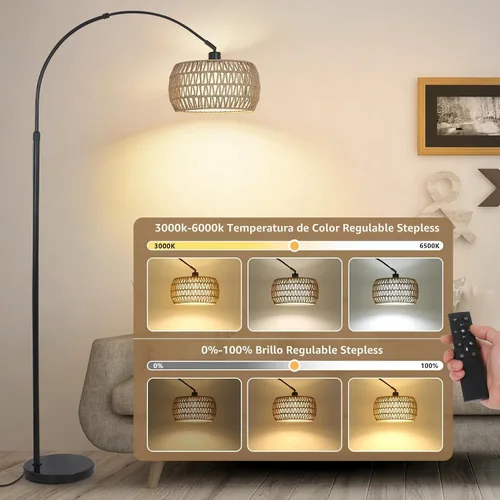 Vista 2 de Lámparas de pie arqueadas para sala de estar con 3 temperaturas de color, lámpara de pie negra con control remoto y bombilla LED regulable, lámpara