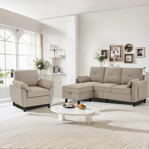 Vista 7 de Juego de sofá seccional, sofá convertible de 77 pulgadas y silla decorativa de 35 pulgadas, sofá pequeño en forma de L de 3 asientos con otomana