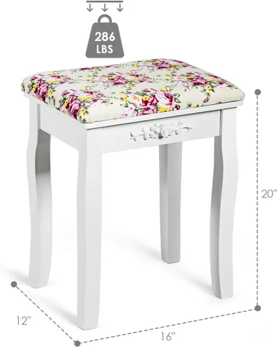 Vista 3 de Giantex Taburete de tocador de madera, silla acolchada, asiento de piano de maquillaje, banco de maquillaje con cojín rosa (blanco)