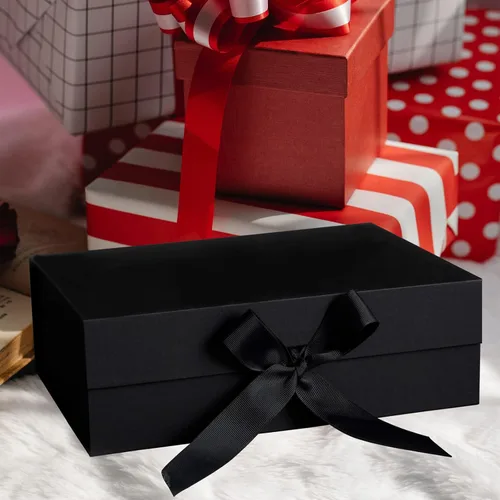 Vista 5 de Caja de regalo negra, cajas de regalo con tapas, 10.2 x 7.4 x 3.1 pulgadas, caja de regalo negra con cinta y cierre magnético para envolver regalos