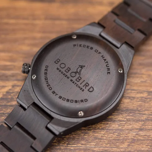 Vista 7 de BOBO BIRD Relojes de madera con grabado único para hombre, correa de madera de lujo con caja de madera de bambú