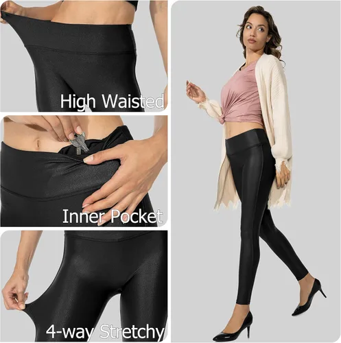 Vista 4 de SANTINY Leggings de piel sintética para mujer, mallas elásticas de cintura alta para mujer