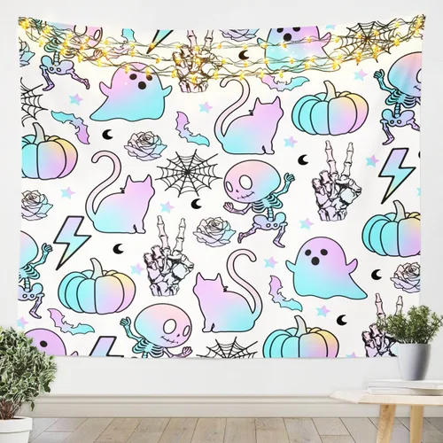 Vista 27 de Feelyou Halloween Wall Art for Bedroom Living Room Cartoon Ghost Tapestry Decoration for Kids Boys Girls Red Tapestry Wall Hanging Ghost Festival