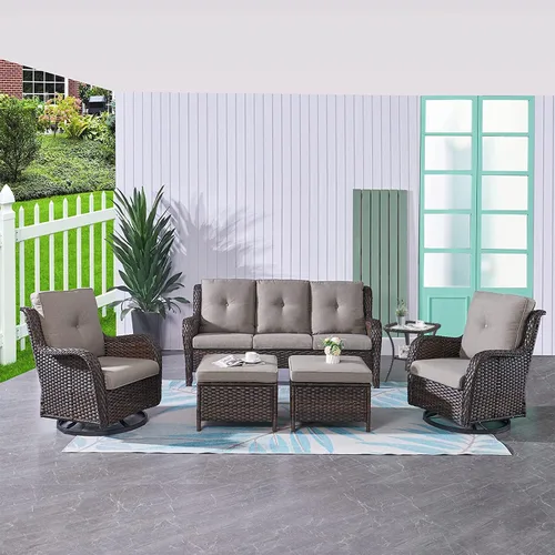 Vista 120 de HUMMUH Juego de 2 Sillas Giratorias Mecedoras de Mimbre para Patio Exterior, Juego de Muebles de Sillas Mecedoras de Ratán (Marrón, Azul) 50,000