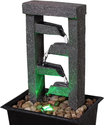 Vista 9 de GOSSI Fuente de cascada de mesa de 4 niveles de 10 pulgadas con rocas naturales de río, luces LED, función de agua interior de resina