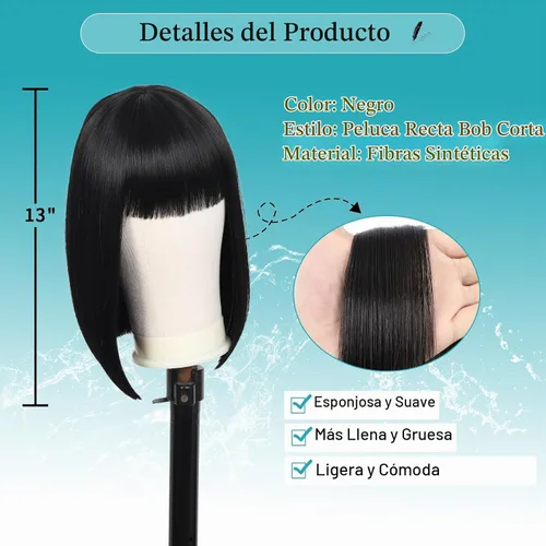 Vista 3 de Kalyss - Pelucas cortas de cabello negro con flequillo para mujer, peluca de cabello sintético completo, resistente al calor, peluca corta y recta