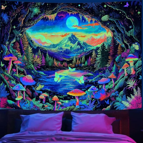 Vista 26 de Zussun Tapiz de hongo rojo, tapices de luna y estrella para dormitorio, estética de color beige, noche estrellada, planta verde, tapiz de pared