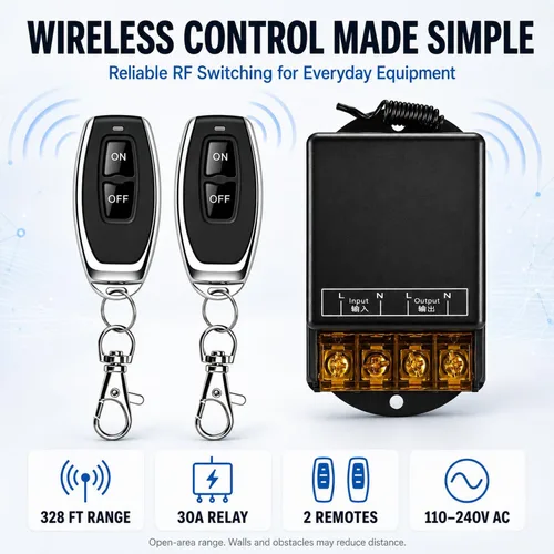 Vista 2 de Interruptor remoto inalámbrico, 110 V/120 V/240 V/30 A Relé Interruptor RF inalámbrico para electrodomésticos, bomba, luces de techo y equipos Negro