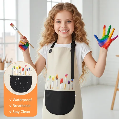 Vista 4 de Mabor 2 delantales para cocinar, delantal de pintura impermeable ajustable, delantales de arte con bolsillos para niños y niñas, pintura