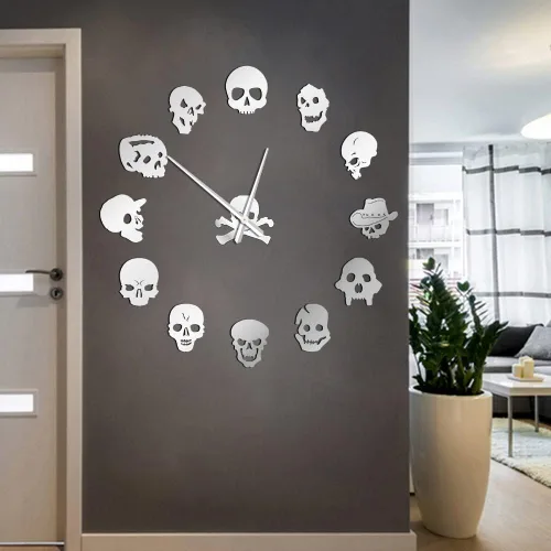 Vista 9 de Gran calavera 3D DIY reloj de pared Frameless Espejo Superficie Etiqueta de Negro
