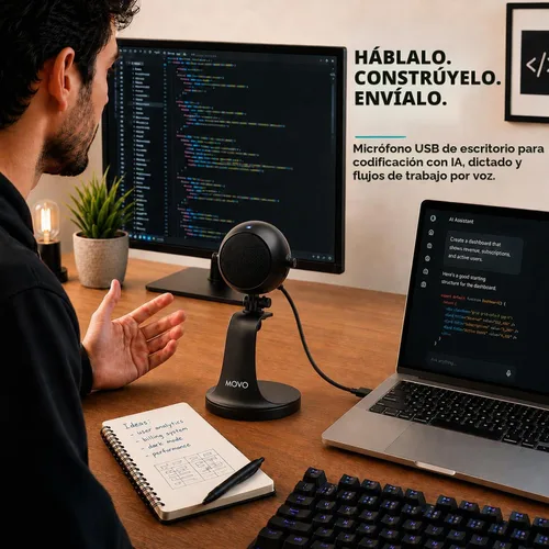 Vista 3 de Micrófono USB Movo WebMic para codificación IA, indicaciones de voz y dictados Negro
