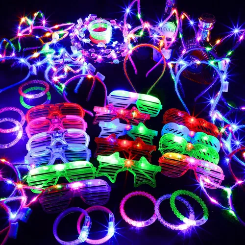Vista 5 de ADXCO 60 piezas de suministros de fiesta que brillan en la oscuridad, recuerdos de fiesta de neón con luz LED, regalos de fiesta con gafas