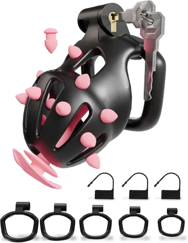 Vista 17 de Cobra Chastity Cage for Men, Invisible Lock, 5 Ball Rings (Pink, XS) Spiked cobra design, lightweight 3D printed open structure, breathable