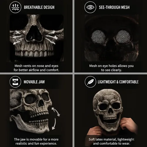 Vista 4 de Máscara de calavera de látex para adultos con mandíbula móvil