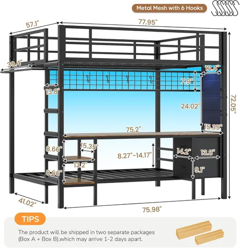Vista 3 de DICTAC Litera de tamaño matrimonial sobre cama individual con escritorio y estación de carga, litera de metal tamaño matrimonial sobre individual