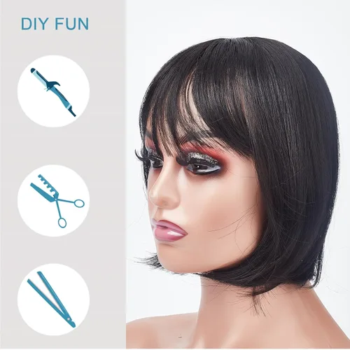 Vista 4 de NICENEEDED Flequillo con clip para mujer, extensiones de cabello con clip, flequillo de aire negro natural, flequillo de aire con flecos de tupé