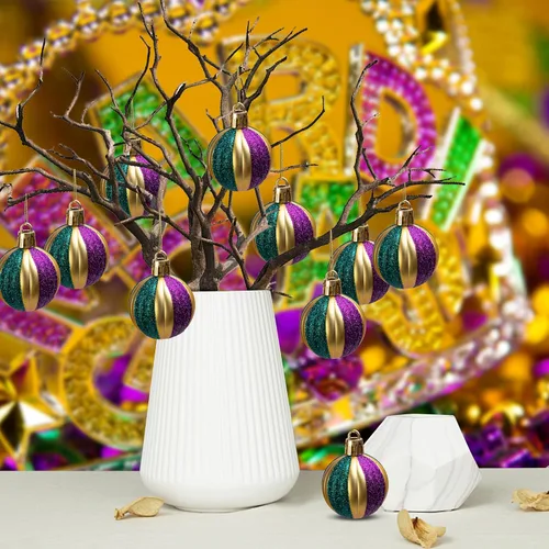 Vista 6 de Watayo 24 adornos de bola con purpurina – Bolas colgantes inastillables de 1.6 pulgadas, bolas de árbol moradas, doradas y verdes para fiestas