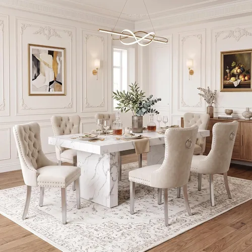 Vista 13 de Ebullient 79" White Dining Table Set for 8, Faux Marble Table & 8 Chairs Cream Chairs