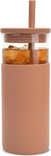 Vista 12 de Tronco Vaso de vidrio de 20 onzas con tapas y pajitas, vasos reutilizables para batidos con tapa de silicona, taza de café helado con funda