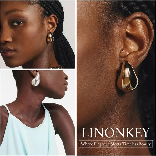 Vista 5 de LINONKEY Juego de 3 pares de aretes de oro con forma de lágrima para mujer, grandes, medianos, pequeños, gruesos, hipoalergénicos, chapados en oro