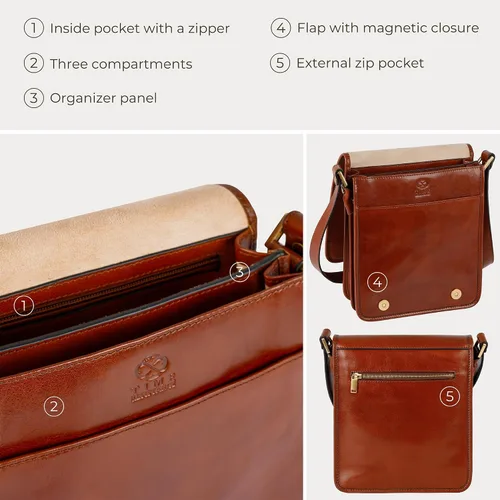Vista 5 de Time Resistance Bolso bandolera de cuero italiano para hombre, bolso cruzado de cuero de grano completo para hombre, bolso de hombro tamaño tableta