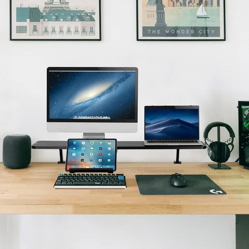Vista 9 de AVLT Soporte de escritorio con abrazadera para monitor de 32 pulgadas con abrazadera para monitor con soporte deslizante para portátil, tableta