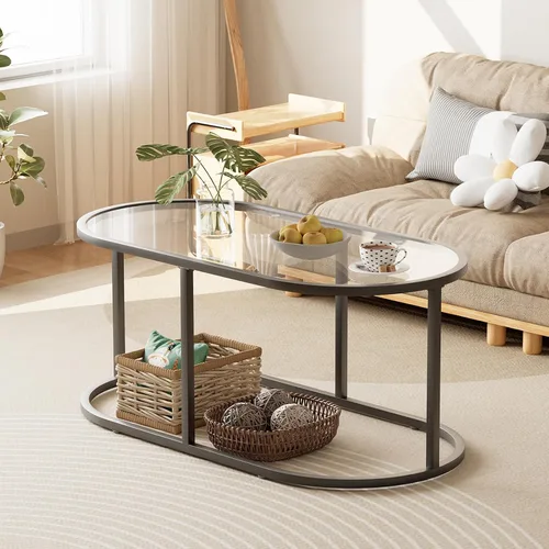 Vista 5 de Mesa de café Wolawu Mesas de café de vidrio negro para sala de estar, mesa de centro ovalada con marco de metal resistente, mesas de acento modernas
