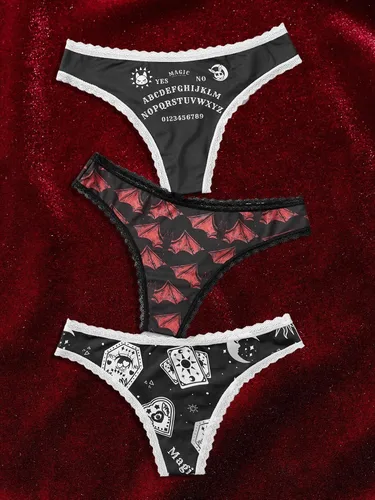 Vista 2 de WDIRARA Conjunto de ropa interior para mujer, paquete de 3 unidades, estampado gráfico de calavera
