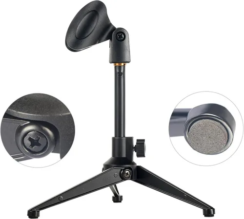 Vista 5 de Paquete de 2 soportes universales ajustables para micrófono de escritorio, trípode plegable portátil, soporte de mesa con clip de micrófono