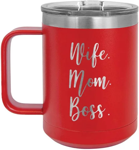 Vista 7 de WIFE MOM BOSS Black 15 oz Coffee Cup w/Slide Top Lid Insulated Travel Coffee Mug Birthday Or Christmas Gift Ideas From Women or Men Compare To
