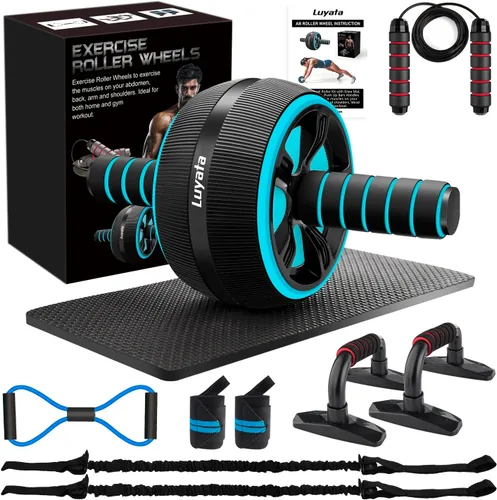Vista 9 de Rueda para abdominales, kit de ruedas de ejercicio abdominal 10 en 1 con bandas de resistencia, alfombrilla para rodillas, cuerda de saltar, barra