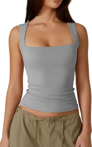 Vista 41 de QINSEN Camisetas básicas ajustadas de doble capa con cuello cuadrado para mujer Castaño