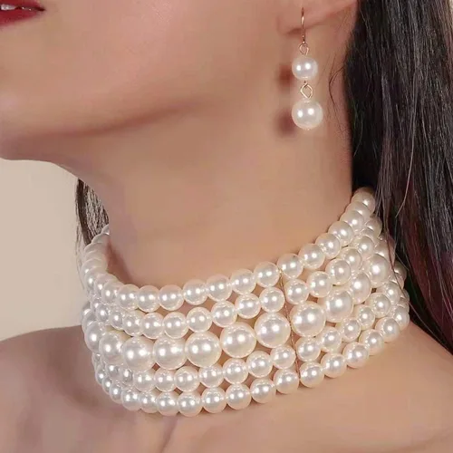 Vista 5 de Gargantilla de perlas de imitación de moda exagerada+gota colgante conjunto de joyas collar nupcial accesorios de vestir para regalos de mujer
