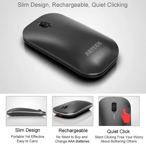 Vista 3 de Arteck Combo de teclado y mouse Bluetooth ultra compacto, delgado de acero inoxidable, tamaño completo y ratones ergonómicos