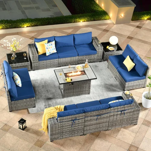 Vista 29 de ovios Juego de muebles de patio de 6 piezas, sofá seccional de mimbre para exteriores con mesa auxiliar, cómodos cojines, moderno sofá modular Beige