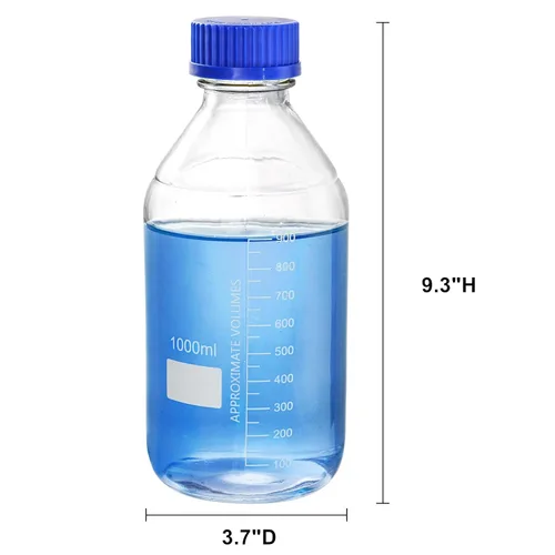 Vista 2 de Yopay Paquete de 4 botellas de vidrio de 33.8 fl oz, botellas de almacenamiento reutilizables con tapa de rosca azul GL45, recipiente redondo