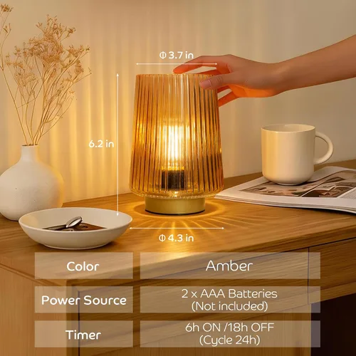 Vista 4 de Lámpara a pilas con temporizador, juego de 2 pequeñas y acogedoras lámparas de mesa decorativas de vidrio ambiental para mesita de noche y Ámbar
