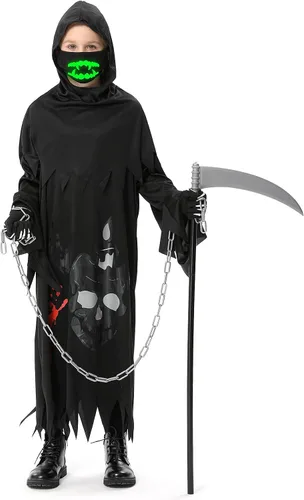 Vista 2 de Grim Reaper Costume for Kids, Halloween Costumes for Boys and Girls, with Scythe, Chain, Gloves and Luminous Masks