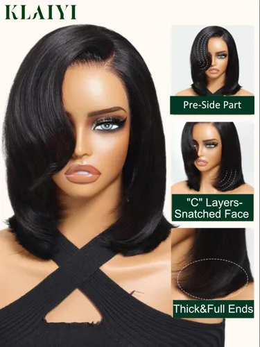 Vista 4 de KLAIYI Peluca de cabello humano con encaje frontal precortada 7x5, corte Bob en capas, corte romo, cordón sin pegamento, peluca predepilada