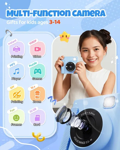 Vista 2 de TIATUA Cámara de Impresión Instantánea para Niños, Regalos de Navidad y Cumpleaños para Niñas y Niños, Cámara Digital de Video HD 1080P para Niños