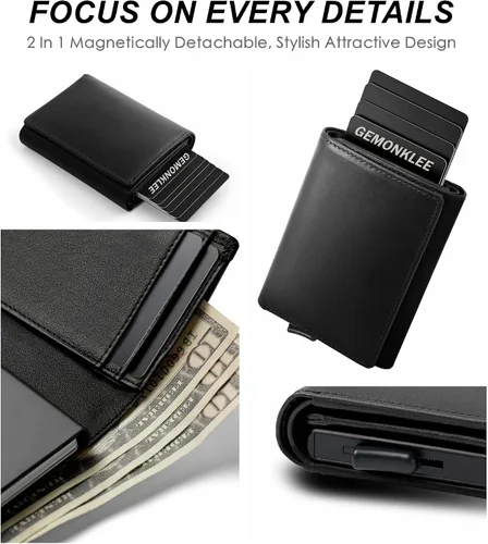 Vista 8 de Gemonklee Cartera emergente, tarjetero magnéticamente desmontable, cartera pequeña para hombre, cartera RFID con clip para dinero, cartera