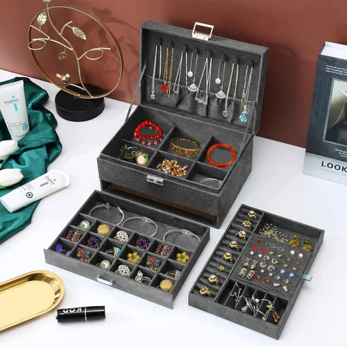 Vista 4 de Joyeros para mujer, organizador de joyas de terciopelo gris con cerradura, organizadores de joyas para adolescentes, organizador de joyas