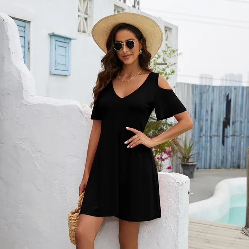 Vista 2 de Vestido sin mangas de manga corta con cuello redondo y hombros descubiertos para mujer