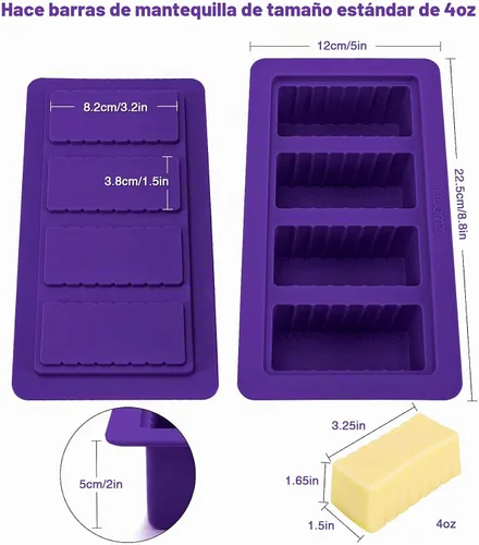 Vista 3 de Molde de mantequilla con tapa, recipiente de silicona para mantequilla con espátula, moldes de silicona antiadherentes para hacer 4 formas de barra